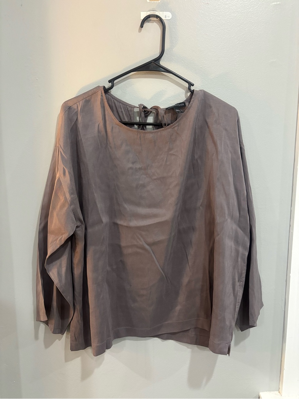 Eileen Fisher Silk Tie Back Keyhole Relaxed Long Sleeve Minimalist Blouse Small